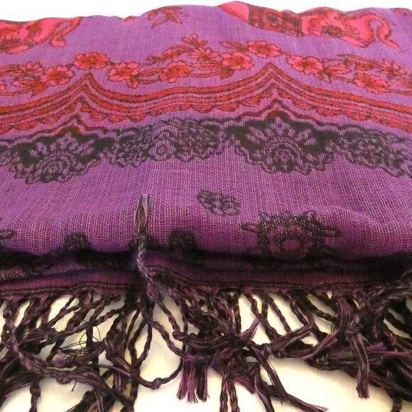 Silk Cashmere Scarf Pashmina Red Purple Thailand Embossed Elephant Good Luck NWT - Picture 3 of 7